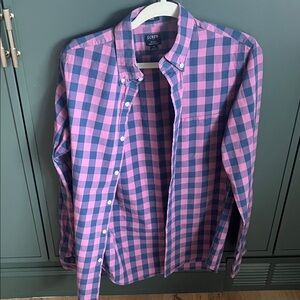J. Crew Men's Casual Pink and Blue Plaid Shirt
